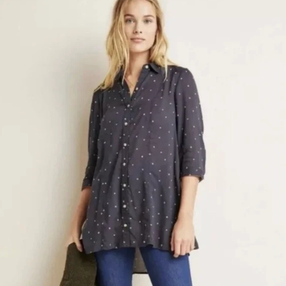 Maeve by Anthropologie Navy Flowy Button Down Tunic Top Upcycled